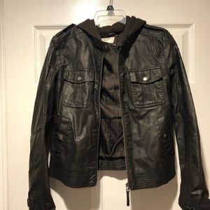 Leather jacket with hood